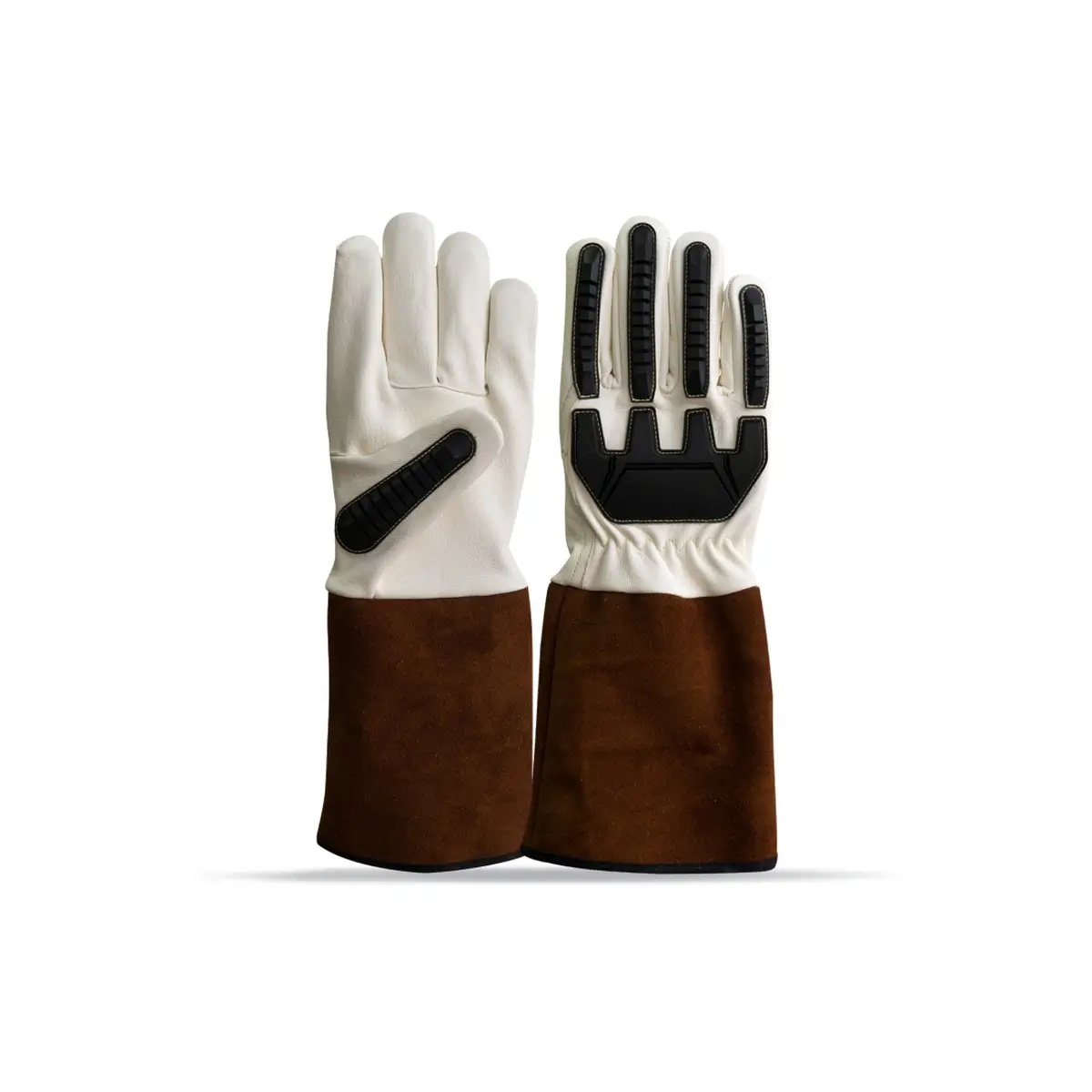 White and Black Impact Gloves with Brown Cuffs IG-006